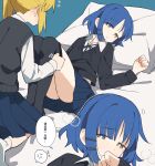  2girls anger_vein bed_sheet black_ribbon black_sweater black_sweater_vest black_thighhighs blonde_hair blue_hair blue_skirt blush bocchi_the_rock! coldcat. collared_shirt covering_mouth dot_nose ear_blush flat_color hair_ornament hairclip hand_up highres ijichi_nijika knees_up legs_together long_sleeves looking_at_viewer lying miniskirt mole mole_under_eye multiple_girls neck_ribbon no_shoes on_back on_bed open_collar parted_lips pillow pleated_skirt raised_eyebrows ribbon school_uniform shirt short_hair side_ponytail sidelocks skirt socks spoken_anger_vein sweatdrop sweater sweater_vest thighhighs thighhighs_pull thighs undressing_another v-neck white_shirt white_socks yamada_ryou yellow_eyes yuri 