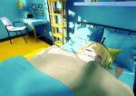  1girl 3d =_= absurdres amano_pikamee artist_request bed bedroom black_hairband blanket blonde_hair chair colored_inner_hair commentary desk english_commentary floor_lamp green_hair hairband highres indoors lying mixed-language_commentary multicolored_hair official_art on_back open_mouth pillow plant potted_plant sharp_teeth shelf short_hair sleeping solo spatula teeth upper_teeth_only virtual_youtuber voms 
