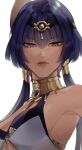  1girl absurdres blue_hair breasts candace_(genshin_impact) dark-skinned_female dark_skin egyptian_clothes genshin_impact gold_choker hairband heterochromia highres jewelry lart_art1 looking_at_viewer short_hair_with_long_locks solo tagme 