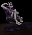  anon2000000 anthro bottomless bottomless_anthro bottomless_female breasts canid canine canis chair claws clothed clothing computer computer_mouse female furniture hi_res keyboard mammal nervous_expression office_chair shirt solo squinted_eyes topwear wolf 