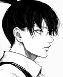  1boy black_hair chainsaw_man chest_belt collared_shirt earrings greyscale hayakawa_aki inoitoh jewelry looking_to_the_side monochrome shirt short_hair simple_background solo stud_earrings topknot white_background 