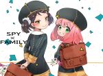  2girls :&gt; ameshiki anya_(spy_x_family) arms_behind_back becky_blackbell black_headwear briefcase brown_eyes brown_hair child closed_mouth confetti copyright_name eden_academy_school_uniform from_behind green_eyes grin looking_at_viewer looking_back multiple_girls pink_hair school_briefcase school_uniform short_twintails smile spy_x_family teeth twintails 