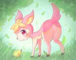  2023 ambiguous_gender blush deer deerling featureless_crotch feral fur generation_5_pokemon grass hi_res looking_at_viewer looking_back looking_back_at_viewer lopello mammal nintendo pink_body pink_eyes pink_fur plant pokemon pokemon_(species) pokemon_berry rear_view sitrus_berry solo spring_deerling 