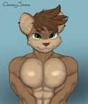  abs absurd_res anthro big_muscles cammyjazz cute_fangs ear_piercing ear_ring freckles glistening glistening_body glistening_eyes green_eyes gulonine hair half-length_portrait hi_res inner_ear_fluff large_pecs looking_at_viewer male mammal marten muscular muscular_anthro muscular_male mustelid musteline nude piercing portrait potrait ring_piercing sable_(marten) shaded shy simple_background smile solo tuft 