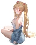  1girl bare_shoulders blonde_hair blush breasts hair_bobbles hair_ornament highres k_pring large_breasts long_hair looking_at_viewer original red_eyes sayuri_(k_pring) smile solo squatting thighs twintails white_background 