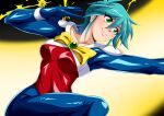  1girl allenby_beardsley blue_hair bodysuit bow breasts collarbone electricity g_gundam green_eyes gundam hair_between_eyes highres medium_breasts messy_hair mobile_trace_suit short_hair skin_tight smile solo wavelevel5 