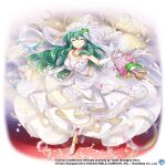  1girl alternate_costume basket breasts closed_eyes copyright copyright_name dress facing_viewer flower frog frog_hair_ornament full_body game_cg gloves green_hair hair_ornament holding holding_basket jewelry kochiya_sanae kochiya_sanae_(the_white_miracle_that_brings_good_luck) large_breasts long_hair looking_at_viewer necklace off-shoulder_dress off_shoulder petals rotte_(1109) smile snake_hair_ornament solo third-party_source touhou touhou_lost_word wedding_dress white_dress white_flower white_footwear white_gloves 