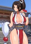  1girl akisu_k arm_guards bare_shoulders breasts brown_eyes brown_hair cleavage commentary_request fatal_fury high_ponytail japanese_clothes large_breasts long_hair looking_at_viewer ninja outdoors pelvic_curtain ponytail revealing_clothes rope shiranui_mai sideboob smile solo the_king_of_fighters thighs 