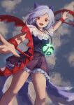  1girl :d black_shirt cloud commentary dog_tail english_commentary foothold_trap grey_hair highres himuhino jewelry looking_at_viewer mitsugashira_enoko multicolored_hair multiple_tails open_mouth pendant purple_hair shirt skirt smile solo streaked_hair tail touhou 