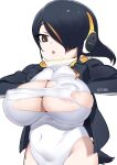 1girl areola_slip black_hair breasts brown_eyes covered_nipples emperor_penguin_(kemono_friends) hair_over_one_eye headphones highleg highres hood hoodie huge_breasts jacket kemono_friends leotard long_hair masuyama_ryou multicolored_hair open_mouth solo streaked_hair thighhighs torn_clothes torn_leotard white_leotard 