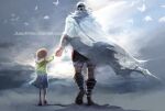  1boy 1girl arc_the_lad arc_the_lad_ii bird brown_hair cape child cloud dark-skinned_male dark_skin dated father_and_daughter from_behind full_body gruga_(arc_the_lad) holding_hands protected_link save_scene_a skirt walking white_cape 