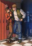  1girl 3boys bad_id bad_tumblr_id bara black_hair blonde_hair blush brown_pants couple cris_art denim full_body hand_on_own_hip hand_up heart height_difference hulkling jacket jeans kabedon layered_shirt leg_up long_sideburns male_focus marvel multiple_boys muscular muscular_male open_clothes open_jacket pants pectorals seductive_smile shoes short_hair sideburns smile sneakers thick_eyebrows wiccan yaoi 