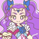  blush brooch closed_mouth earrings frills gloves hair_ornament highres jewelry long_hair magical_girl mayena milky_rose outstretched_hand precure purple_background purple_eyes purple_hair signature simple_background smile twintails yes!_precure_5 yes!_precure_5_gogo! 