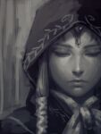  1girl bellhenge chin cloak closed_eyes closed_mouth crown crying deviantart_username english_commentary eyelashes frown grey_background greyscale hood hood_up hooded_cloak iwata_satoru long_hair monochrome neck_ribbon nintendo princess_zelda realistic ribbon sidelocks the_legend_of_zelda the_legend_of_zelda:_twilight_princess thick_eyebrows upper_body vine_print 