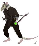  alchemist animal_mask anthro barefoot beak_mask belt bottomwear clothing crossbow damaged_clothing feet hi_res male mammal mask murid murine notched_ear pants pink_feet pink_hands pink_tail potion potion_bottle ranged_weapon rat rodent scar shirt slim small_waist solo sourmagic tail topwear vial weapon wraps yellow_eyes 