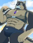  1boy ? abs alternate_costume animal_ears bara blue_male_swimwear brown_fur bulge chest_belt cloud cloudy_sky dog_boy dog_ears facial_hair feet_out_of_frame from_below furry furry_male goatee harness_pull highres jewelry large_pectorals live_a_hero looking_at_viewer male_focus male_swimwear mallards muscular muscular_male navel necklace nipples pectorals pubraseer_(live_a_hero) pulled_by_self short_hair sky solo spoken_question_mark stomach swim_briefs thick_eyebrows thick_thighs thighs topless_male two-tone_fur underbust 