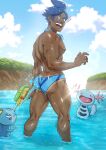  1boy absurdres antiartxxx1 ass bara blue_eyes blue_hair blue_male_swimwear cloud dark-skinned_male dark_skin day highres holding holding_water_gun large_pectorals looking_at_viewer male_focus male_swimwear marlon_(pokemon) muscular muscular_male nipples open_mouth outdoors pectorals pokemon pokemon_(creature) pokemon_(game) pokemon_bw short_hair sky smile sobble thick_thighs thighs water water_gun wooper 