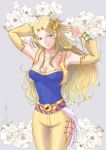  1girl arms_up bagel_dffoo blonde_hair blue_eyes blue_shirt breasts celes_chere cleavage final_fantasy final_fantasy_vi flower gold_trim grey_background hair_ornament highres long_hair medium_breasts pants shirt smile solo vest yellow_pants yellow_vest 