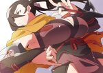  1girl arm_blade breasts brown_eyes brown_hair cape cleavage commission cowboy_shot fire_emblem fire_emblem_fates hair_over_one_eye holding kagero_(fire_emblem) kagura_roku kunai large_breasts leather_strap long_hair ninja ponytail scarf simple_background skeb_commission solo weapon yellow_cape yellow_scarf 