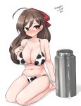  1girl absurdres ahoge animal_print bikini breasts brown_hair cleavage cow_print dated hair_ribbon highres kantai_collection large_breasts long_hair mamiya_(kancolle) maru_(marg0613) milk_churn navel one-hour_drawing_challenge red_eyes red_ribbon ribbon seiza simple_background sitting solo swimsuit twitter_username white_background white_bikini 