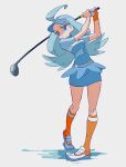  1girl ahoge arms_up blue_eyes blue_skirt closed_mouth full_body gloves golf_club highres holding holding_golf_club kahili_(pokemon) kneehighs knees long_hair orange_socks pokemon pokemon_(game) pokemon_sm rii_(mrhc7482) shirt shoes short_sleeves single_glove skirt socks solo standing visor_cap white_background 