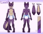  anthro arm_tuft artist_name blue_diaper canid cheek_tuft clothed clothing color_swatch diaper elbow_tuft facial_tuft front_view fur hair hi_res infantilism lucas_(paddedwolf) male mammal model_sheet mouth_closed purple_body purple_eyes purple_fur purple_hair purple_nose purple_tail rear_view riddlr shoulder_tuft simple_background solo standing tail tan_body tan_fur tan_tail topwear tuft wearing_diaper white_diaper 
