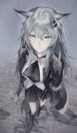  1girl absurdres animal_ear_fluff animal_ears arknights black_coat black_dress black_footwear boots breasts closed_mouth coat dress foreshortening from_above fur-trimmed_coat fur_trim grey_eyes grey_hair highres knee_boots lappland_(arknights) lappland_(refined_horrormare)_(arknights) long_hair long_sleeves looking_at_viewer looking_up medium_breasts official_alternate_costume open_clothes open_coat outdoors r_oot rain scar scar_across_eye scar_on_face sleeves_past_fingers sleeves_past_wrists solo sword very_long_hair weapon wolf_ears 