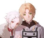  1boy 1girl ahoge blonde_hair cloak closed_mouth coat drid elf fur-trimmed_coat fur_trim green_eyes hair_over_shoulder head_on_another&#039;s_shoulder highres hood hooded_cloak looking_at_viewer mole mole_under_eye mushoku_tensei pointy_ears portrait ranoa_magic_academy_school_uniform red_eyes rudeus_greyrat school_uniform short_hair simple_background smile sylphiette_(mushoku_tensei) white_background white_hair 