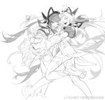  2girls animal_ears artist_name battle_cat_jinx blunt_bangs closed_eyes eteru facial_mark fake_animal_ears full_body furrowed_brow gloves greyscale hair_between_eyes headphones holding_hands jinx_(league_of_legends) league_of_legends long_hair looking_at_viewer monochrome multiple_girls multiple_persona official_alternate_costume official_alternate_hairstyle one_eye_closed open_mouth parted_bangs prestige_battle_cat_jinx sidelocks simple_background smile sparkle standing standing_on_one_leg teeth very_long_hair whisker_markings white_background 