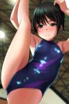 1girl absurdres armpits bare_shoulders black_eyes black_hair blue_leotard blurry blurry_background breasts brown_eyes cameltoe closed_mouth commentary cowboy_shot crotch depth_of_field gym hair_between_eyes highleg highleg_leotard highres indoors leg_lift leg_up leotard looking_at_viewer matsunaga_kouyou original ponytail short_hair sleeveless sleeveless_turtleneck small_breasts smile solo split standing standing_on_one_leg standing_split turtleneck turtleneck_leotard 