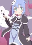  1girl :3 absurdres animal_ears beads black_robe blue_hair c: commentary_request dot_nose fujimi_nemu ghost green_eyes grey_background hair_beads hair_ornament highres holding holding_scepter kaai_yuu light_blush long_sleeves looking_at_viewer necromancer onii-chan_wa_oshimai! robe scepter short_hair simple_background skull_hair_ornament smile solo 