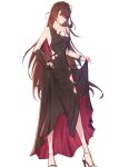  14heaki 1girl beidou_(genshin_impact) black_dress brown_hair collarbone dress genshin_impact highres red_dress red_eyes simple_background solo strappy_heels two-sided_dress two-sided_fabric white_background 