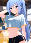  1girl arm_behind_back arm_up ball basketball_(object) basketball_court basketball_hoop black_shorts blue_eyes blue_hair blush borrowed_character breasts commentary crop_top gym hand_on_own_head highres indoors long_hair midriff minah_(chaesu) navel original ponytail pout sairen shirt short_shorts short_sleeves shorts solo sportswear white_shirt window 