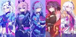  5girls absurdres ahoge alternate_costume animal_ears black_choker black_hair black_headwear black_pants blue_hair breasts choker cleavage_cutout clenched_hand closed_mouth clothing_cutout commentary crossed_arms crown elysia_(honkai_impact) hair_between_eyes herrscher_of_corruption high_ponytail highres honkai_(series) honkai_impact_3rd horns jacket kiana_kaslana kiana_kaslana_(herrscher_of_flamescion) kiana_kaslana_(herrscher_of_the_void) large_breasts long_hair looking_at_viewer midriff multicolored_hair multiple_girls oni_horns pants parted_bangs pink_hair rabbit_ears raiden_mei raiden_mei_(herrscher_of_thunder) simple_background small_breasts smile sparks_summer standing streaked_hair upper_body white_hair yae_sakura yae_sakura_(darkbolt_jonin) 