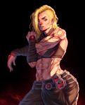  1girl abs az_ciam belt blonde_hair breasts cleavage commission earrings facial_tattoo highres jewelry looking_at_viewer muscular muscular_female nose_piercing nose_ring original piercing shaved_head sith solo star_wars stretching tattoo 