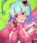  1girl arrow_(projectile) blue_hair blush cellphone crying cymlim hair_ornament heart heart_hair_ornament heterochromia highres holding holding_phone hood hood_down hooded_jacket jacket lobotomy_corporation long_hair long_sleeves looking_to_the_side open_mouth phone pink_jacket project_moon queen_of_hatred smartphone smile solo track_jacket two_side_up upper_body very_long_hair 