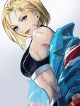  1girl absurdres blonde_hair blue_eyes cammy_white highres jacket leather leather_jacket meke_(77842928) open_clothes open_jacket scar scar_on_cheek scar_on_face simple_background solo street_fighter street_fighter_6 