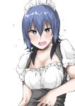  1girl arm_at_side black_dress black_eyes blue_hair blush breasts cleavage collarbone dress elf_(stroll_in_the_woods) frilled_shirt frills hair_between_eyes hand_on_own_chest highres large_breasts long_bangs long_hair looking_at_viewer maid maid_headdress nose_blush open_mouth pinafore_dress raised_eyebrows shirt short_sleeves sidelocks simple_background sleeveless sleeveless_dress solo suzugamori_chika sweatdrop textless_version upper_body white_background white_shirt zatsu_tabi 