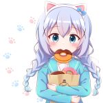  1girl animal_ears bag blue_bow blue_eyes blue_hair blue_jacket blue_sailor_collar blush bow braid commentary_request doughnut fake_animal_ears food food_in_mouth gochuumon_wa_usagi_desu_ka? goth_risuto hair_between_eyes hair_ornament hairband hugging_object jacket kafuu_chino long_hair long_sleeves looking_at_viewer low_twintails mouth_hold open_clothes open_jacket paper_bag sailor_collar shirt simple_background solo twin_braids twintails twitter_username upper_body white_background white_hairband white_shirt x_hair_ornament 