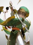  1boy akihare brown_eyes brown_hair cardcaptor_sakura child chinese_clothes closed_mouth commentary cowboy_shot hat highres holding li_xiaolang long_sleeves looking_at_viewer male_focus short_hair solo sword symbol-only_commentary weapon weibo_logo 