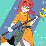  1girl bag breasts brown_eyes cat character_request closed_mouth dated dress gensou_suikoden gloves holding holding_staff long_hair looking_at_viewer orange_dress sakai_yume shoulder_bag smile solo sparkle staff twitter_username white_gloves 
