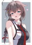  1girl ahoge blue_eyes blush braid breasts brown_hair calin chest_harness hair_between_eyes harness heart highres kantai_collection long_hair medium_breasts necktie open_mouth red_necktie shigure_(kancolle) shigure_kai_san_(kancolle) sideboob single_braid smile solo upper_body 