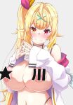  ahoge blonde_hair blush breasts censored censored_nipples clothes_lift commentary_request hair_intakes hair_ornament hair_ribbon hairclip heterochromia highleg highleg_panties highres hoshikawa_sara jacket large_breasts long_hair mitarashi_o nijisanji off_shoulder panties red_eyes red_ribbon ribbon shirt_lift side_ponytail smile underwear white_jacket yellow_eyes yellow_ribbon 