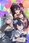  4girls :d absurdres ahoge alternate_costume arm_up balloon bare_shoulders black_shirt black_sleeves blonde_hair bow bronya_zaychik cherng closed_eyes colored_inner_hair earrings gloves grey_eyes grey_hair hat highres honkai_(series) honkai_impact_3rd jewelry long_hair looking_at_viewer multicolored_hair multiple_girls one_eye_closed open_mouth project_bunny red_bow red_eyes seele_(alter_ego) seele_vollerei seele_vollerei_(starchasm_nyx) shirt short_hair smile teeth upper_teeth_only v white_gloves 