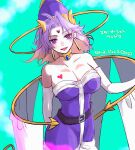  1girl bare_shoulders belt breasts cape celine_jules cleavage dated detached_cape earrings elbow_gloves facial_mark forehead_mark gloves hat heart heart_tattoo highres jewelry large_breasts lipstick long_hair looking_at_viewer makeup mayashtale open_mouth pointy_hat purple_hair purple_skirt skirt smile solo star_ocean star_ocean_the_second_story tattoo 
