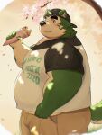  2023 anthro belly big_belly black_nose blush bottomwear canid canine canis clothing domestic_dog food green_body hat headgear headwear hi_res kemono lifewonders live_a_hero male mammal metaporin mokdai musclegut outside overweight overweight_male pants shirt solo text text_on_clothing text_on_shirt text_on_topwear topwear 