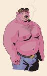  2023 anthro barechested bear belly belt biceps big_belly bottomwear chest_tuft clothed clothing denim denim_clothing dramamine drugs facial_piercing hat headgear headwear hi_res jeans male mammal manly marijuana mature_male multicolored_eyes musclegut muscular navel nipples nose_piercing nose_ring pants pecs piercing rainbow_eyes ring_piercing shirtless shirtless_male simple_background slightly_chubby smoke smoking smoking_weed solo standing topless topless_male triceps tuft white_background 