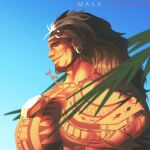  1boy bara black_hair chest_tattoo dark-skinned_male dark_skin earrings from_side full_beard headband highres huge_pectorals jewelry leaf looking_ahead male_focus masakuterarr mature_male mauga_(overwatch) muscular muscular_male overwatch overwatch_2 palm_tree profile solo sunlight tattoo thick_eyebrows tree 