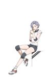  1girl black_shorts breasts cellphone commentary earrings elbow_pads full_body highres hiotia1999 holding holding_phone jewelry knee_pads kyou_wa_kanojo_ga_inai_kara looking_at_viewer medium_breasts natsume_nanase parted_lips phone purple_eyes purple_hair shirt shoes short_hair short_sleeves shorts simple_background sitting smartphone sneakers socks solo stud_earrings sweatdrop white_background white_shirt white_socks 