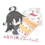  1girl ahoge black_hair black_sailor_collar black_serafuku black_skirt black_socks blush chibi closed_mouth food full_body hair_between_eyes ice_cream kantai_collection long_hair long_sleeves mikazuki_(kancolle) murabatodenki neckerchief sailor_collar school_uniform serafuku simple_background skirt socks solo white_background white_neckerchief 